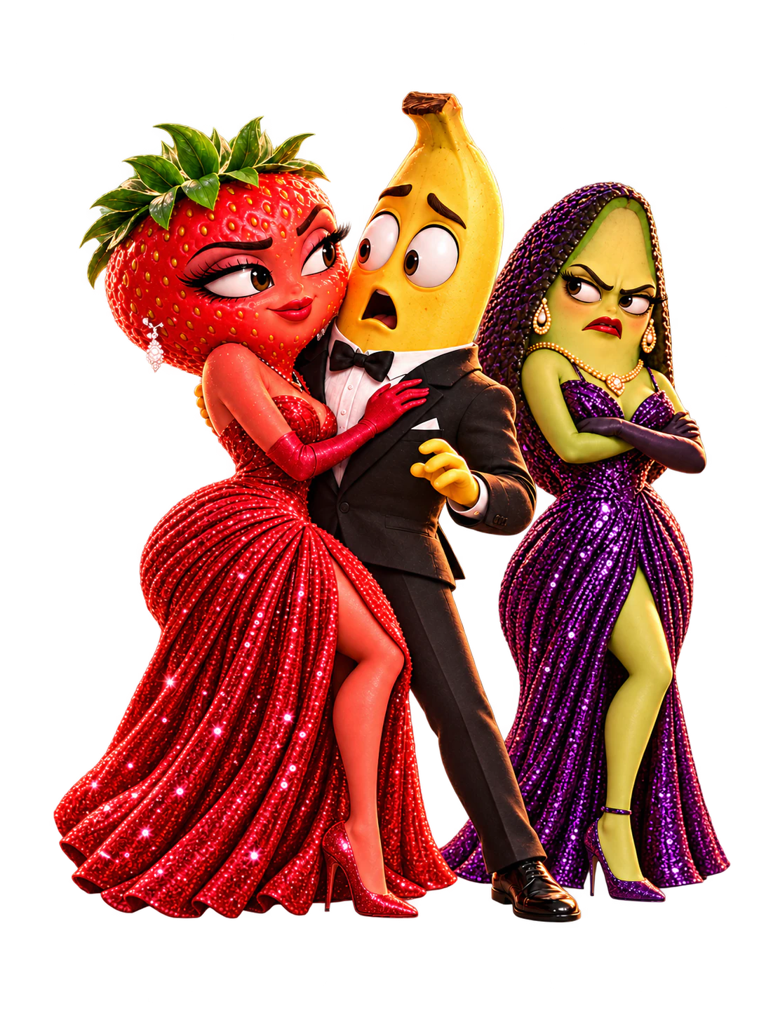 Una fresa con vestido rojo, un plátano de esmoquin y un aguacate con vestido violeta protagonizan una escena de telenovela